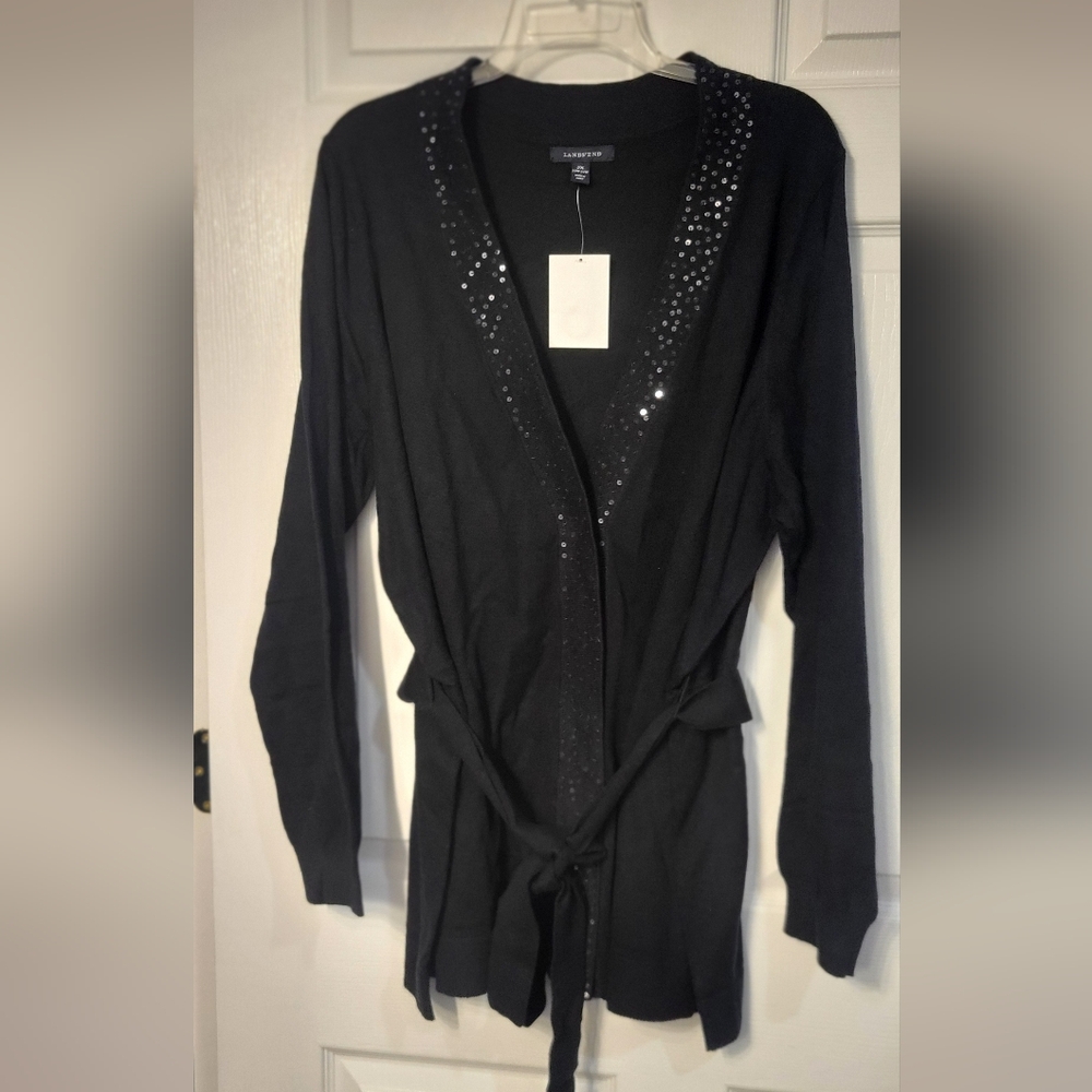 NWT Land's End Black Cashmere Blend Sequined Belted Long Sleeve Cardigan 2X